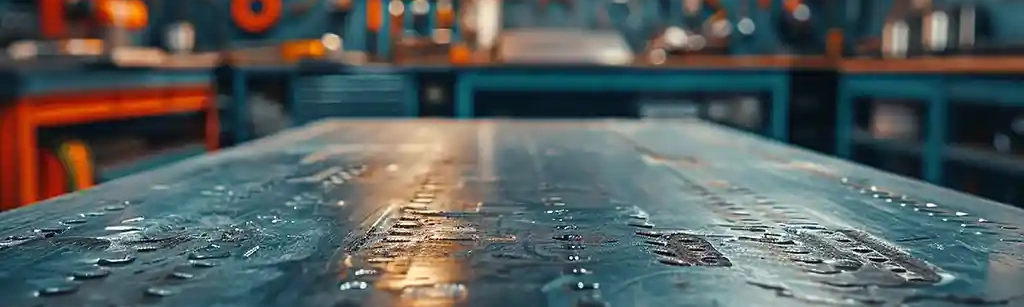 Work bench for metal patching with tools in background