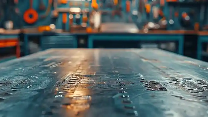 Work bench for metal patching with tools in background